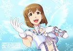  bob_cut brown_eyes brown_hair cropped_jacket elbow_gloves gloves hagiwara_yukiho halo hand_on_own_chest idol idolmaster idolmaster_(classic) looking_up midriff open_mouth sat short_hair smile solo wings 