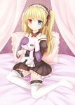  bed black_dress blonde_hair blue_eyes boku_wa_tomodachi_ga_sukunai curtains doll_hug dress frilled_pillow frills hair_ribbon hairband hasegawa_kobato heterochromia lolita_hairband long_hair nikoo off_shoulder panties pantyshot pantyshot_(sitting) pillow red_eyes ribbon sitting solo stuffed_animal stuffed_bunny stuffed_toy thighhighs two_side_up underwear white_legwear white_panties 