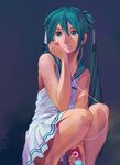  aqua_eyes aqua_hair bare_shoulders black_background chin_rest closed_mouth collarbone digital_media_player dress earbuds earphones hair_between_eyes hair_ribbon hatsune_miku holding ipod long_hair reise ribbon sailor_collar sailor_dress simple_background skirt solo squatting twintails vocaloid white_dress white_ribbon 