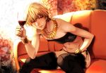  alcohol black_legwear black_panties blonde_hair bracelet covered_nipples crossdressing cup drinking_glass fate/zero fate_(series) gilgamesh jewelry male_focus necklace open_mouth otoko_no_ko panties red_eyes riko_(k_riko) side-tie_panties sitting skull smile solo strapless swimsuit thighhighs tubetop underwear wine wine_glass 