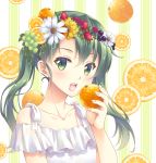  1girl bangs blush breasts collarbone commentary_request dress eyebrows_visible_through_hair flower food food_on_head frills fruit fruit_background fruit_on_head green_eyes green_hair hair_between_eyes hair_flower hair_ornament headband holding holding_food holding_fruit kantai_collection long_hair looking_at_viewer minakami_nagara object_on_head open_mouth orange simple_background small_breasts smile solo twintails white_dress zuikaku_(kantai_collection) 
