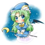  :&lt; bad_id bad_pixiv_id bat_wings blue_capelet blue_dress blue_eyes blush bow bowtie capelet chibi crescent dress ghost_tail green_hair hat long_hair mima minigirl rebecca_(keinelove) snowing solo staff touhou touhou_(pc-98) v_arms wings wizard_hat 