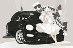  bad_id bad_pixiv_id barefoot car dress ground_vehicle leaning long_hair makino_(pixiv) monochrome motor_vehicle on_vehicle original solo spot_color volkswagen volkswagen_beetle 