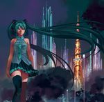  cityscape floating_hair green_hair hatsune_miku headset long_hair necktie reise skirt solo thighhighs twintails very_long_hair vocaloid 
