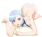  all_fours ass asymmetrical_bangs bangs bare_shoulders barefoot bikini blue_eyes blue_hair dimples_of_venus face fin_e_ld_si_laffinty flower foreshortening hair_flower hair_ornament halterneck hands open_mouth paw_pose rinne_no_lagrange short_hair solo swimsuit top-down_bottom-up ueyama_michirou 