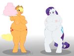 anthro anthrofied applejack_(mlp) belly belly_grab big_breasts blonde_hair blue_eyes breasts cake chubby cutie_mark equine eyeshadow female food friendship_is_magic green_eyes hair hat hooves horn horse long_hair looking_down makeup mammal my_little_pony nipples nude obese orange orange_body overweight plain_background pony purple_hair rarity_(mlp) revadiehard signature smile solo standing stuffing thighs unicorn weight_gain white white_background white_body 