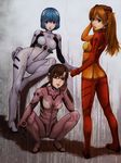  ass ayanami_rei blue_eyes blue_hair bodysuit brown_hair elenab evangelion:_2.0_you_can_(not)_advance glasses hand_on_own_face highres long_hair looking_at_viewer looking_back makinami_mari_illustrious multiple_girls neon_genesis_evangelion parted_lips pink_bodysuit plugsuit rebuild_of_evangelion red-framed_eyewear red_eyes red_hair shikinami_asuka_langley short_hair souryuu_asuka_langley squatting test_plugsuit twintails white_bodysuit 