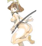  :o ass bare_shoulders breasts brown_eyes brown_hair fishnets fundoshi japanese_clothes katana kazaana large_breasts looking_back original sandals sheath sheathed short_hair sideboob simple_background single_thighhigh solo sword thighhighs weapon 