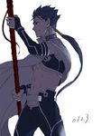  adapted_costume blue_hair cape fate/stay_night fate_(series) gae_bolg kema_mire lancer long_hair male_focus midriff polearm ponytail profile red_eyes simple_background solo spear weapon white_background 