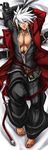  abs baggy_pants barefoot black_pants blazblue dakimakura full_body highres jacket lying male_focus muscle on_back one_eye_closed open_clothes open_jacket pants pectorals ragna_the_bloodedge solo soojie_roh spiked_hair white_hair 