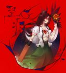 arm_cannon aymmogh bad_id bad_pixiv_id black_hair bow hair_bow long_hair open_clothes open_shirt red_background reiuji_utsuho sarashi shirt solo torn_clothes touhou weapon wings 