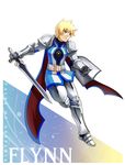  arisu_shiria armor bad_id bad_pixiv_id blonde_hair blue_eyes cape character_name copyright_name flynn_scifo gauntlets greaves male_focus pauldrons shield solo surcoat sword tales_of_(series) tales_of_vesperia weapon 