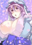  bad_id bad_pixiv_id blue_dress blush breasts cleavage covered_nipples dress hat huge_breasts no_bra open_clothes open_dress open_mouth petals pink_eyes pink_hair saigyouji_yuyuko sash solo toono_yayoi touhou upper_body veil 