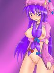  1girl bow breasts breasts_outside female hair_bow hat hat_ribbon highres kawajita large_breasts long_hair looking_at_viewer nipples no_bra nude open_clothes patchouli_knowledge purple_eyes purple_hair pussy ribbon solo striped touhou uncensored underwear you_(kawajita) 