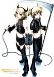  1girl arm_warmers bdsm blonde_hair blue_eyes bondage bound bound_together brother_and_sister chain collar from_above hagane_len hagane_rin hagane_vocaloid horns kagamine_len kagamine_rin leather looking_at_viewer midriff momopanda navel scythe short_hair siblings smile vocaloid whip 
