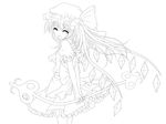  bad_id bad_pixiv_id closed_eyes flandre_scarlet greyscale hat highres kikugetsu lineart long_hair looking_back monochrome smile solo touhou wings 