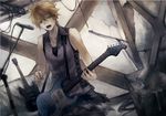  bad_id bad_pixiv_id bare_shoulders blonde_hair guitar instrument kagamine_len male_focus mg_(mica) microphone microphone_stand music open_mouth singing solo vocaloid 