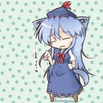  animal_ears blue_dress blue_hair blush cat_ears cat_tail chalk chibi closed_eyes dekasudachin dress hand_on_hip hat kamishirasawa_keine kemonomimi_mode long_hair open_mouth solo tail touhou translation_request 