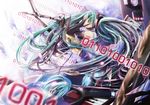  23ichiya aqua_hair bad_id bad_pixiv_id binary bridal_gauntlets cd gloves hands_on_own_face hatsune_miku hatsune_miku_(append) highres instrument keyboard_(instrument) long_hair microphone microphone_stand reflection solo twintails very_long_hair vocaloid vocaloid_append 