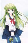  absurdres alternate_costume bag frog green_eyes green_hair hair_ornament highres keroro_gunsou keychain kochiya_sanae long_hair looking_at_viewer non-web_source rei_(rei's_room) scan school_bag school_uniform serafuku snake solo touhou 