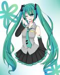  bad_id bad_pixiv_id colorized detached_sleeves green_eyes green_hair hatsune_miku headphones highres long_hair necktie no_legs one_eye_closed shunkashuutou skirt smile solo twintails very_long_hair vocaloid 