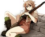  bad_id bad_pixiv_id brown_hair copyright_request gun ikeshita_moyuko sitting smile solo weapon 