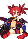  absurdres anklet bare_shoulders bat_wings belt black_gloves black_legwear boots bracelet choker cookie demon_tail disgaea earrings elbow_gloves etna flat_chest food gloves harada_takehito highres jewelry midriff miniskirt navel official_art open_mouth pointy_ears prinny red_eyes red_hair red_scarf scarf short_twintails sitting skirt skull sweatdrop tail thigh_boots thighhighs twintails wings 