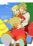  1girl bad_id bad_pixiv_id basket blonde_hair blue_eyes blush bracelet couple earrings food fruit hetero jewelry link long_hair pantyhose pointy_ears pomeko princess_zelda smile the_legend_of_zelda the_legend_of_zelda:_skyward_sword 