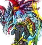  blue_eyes blue_hair copyright_request dragon fujiwara_akina horns jewelry pointy_ears scarf short_hair solo tail 