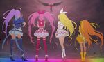 4girls back bad_id bad_pixiv_id blonde_hair blue_footwear blue_legwear boots bow bubble_skirt cure_beat cure_melody cure_muse_(yellow) cure_rhythm flying from_behind houjou_hibiki knee_boots kurokawa_eren long_hair magical_girl minamino_kanade multiple_girls noise_(suite_precure) orange_hair pink_bow pink_hair pink_legwear ponytail precure purple_hair ryuuama seiren_(suite_precure) shirabe_ako side_ponytail skirt spoilers suite_precure thigh_boots thighhighs twintails yellow_bow 