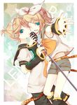  1girl brother_and_sister hair_ornament hair_ribbon hairclip headset kagamine_len kagamine_rin looking_at_viewer microphone microphone_stand okurasaboten one_eye_closed ribbon short_hair shorts siblings smile twins vintage_microphone vocaloid 
