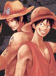  back-to-back bad_id bad_pixiv_id fire freckles grin hat male_focus manly monkey_d_luffy multiple_boys muscle one_piece portgas_d_ace scar shirt shirtless sleeveless sleeveless_shirt smile straw_hat tsuyomaru 