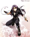  arisu_shiria bad_id bad_pixiv_id bandages boots character_name copyright_name grey_footwear katana knee_boots left-handed long_hair male_focus one_knee purple_eyes purple_hair scabbard sheath solo sword tales_of_(series) tales_of_vesperia weapon yuri_lowell 