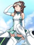  :&lt; bare_shoulders blue_sky boots brown_eyes brown_hair cameltoe cloud cockpit day detached_sleeves hair_ornament hair_up hairclip halter_top halterneck kyouno_madoka panties pantyshot pantyshot_(sitting) patch pleated_skirt rinne_no_lagrange sitting skirt sky solo spread_legs tabigarasu thigh_boots thighhighs underwear upskirt white_legwear white_panties wince 