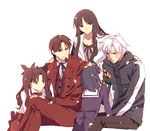  3girls bad_id bad_pixiv_id black_hair blue_eyes brown_hair child cocopps facial_hair family fate/zero fate_(series) father_and_daughter flower formal goatee hair_ribbon hood hoodie long_hair matou_kariya matou_sakura mother_and_daughter multiple_boys multiple_girls ribbon siblings sisters suit toosaka_aoi toosaka_rin toosaka_tokiomi uncle_and_niece white_hair younger 