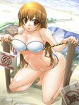  beach bikini brown_eyes brown_hair highres original picnic_basket r-ex rope sign solo swimsuit 