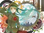  1girl anzu_(astro75) city flower green_eyes green_hair hand_on_own_head hat hatsune_miku long_hair peaked_cap solo twintails vocaloid 
