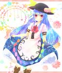  beamed_eighth_notes blue_hair bow bowtie cross-laced_footwear flower food fruit hat heart hinanawi_tenshi long_hair musical_note peach red_eyes rito_(rito07) skirt_hold solo star touhou treble_clef 