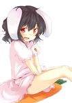  animal_ears bare_legs black_hair bunny_ears carrot carrot_necklace dress fang highres inaba_tewi jewelry mokoke necklace open_mouth pendant red_eyes short_hair simple_background sitting solo touhou v_arms 