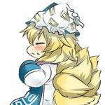  bad_id bad_pixiv_id blonde_hair blush chibi closed_eyes dress fox_tail hands_in_opposite_sleeves hat multiple_tails rebecca_(keinelove) solo tabard tail touhou wavy_mouth white_dress yakumo_ran 