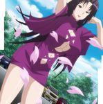  1girl blossom breasts dress highres kazehana long_hair pink_dress purple_hair screencap sekirei short_dress smile solo standing 