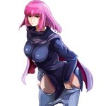  absurdres blue_legwear breasts dressing gaku_daichi gundam gundam_zz haman_karn highres large_breasts looking_at_viewer pantyhose pantyhose_pull pink_eyes pink_hair short_hair simple_background solo 