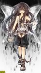  black_hair bug butterfly copyright_request cuffs fujiwara_akina gloves grey_eyes insect jewelry long_hair necklace scar shackles shorts solo 