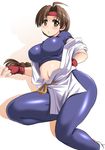  ahoge blush braid breasts brown_eyes brown_hair crop_top curvy dougi fingerless_gloves gloves headband large_breasts long_hair loose_socks midriff navel off_shoulder ryuuko_no_ken single_braid socks solo spandex the_king_of_fighters tonpuu yuri_sakazaki 