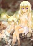  abo_(hechouchou) animal_ears barefoot bathing blonde_hair breasts brown_eyes brown_hair cat_ears chen collarbone cover cover_page crossed_legs doujin_cover eyebrows_visible_through_hair eyes_visible_through_hair fang flat_chest fox_ears hair_between_eyes hair_censor hair_down hair_ornament hair_over_breasts index_finger_raised long_hair multiple_girls navel no_hat no_headwear nude onsen open_mouth purple_eyes rock short_hair sitting small_breasts smile soaking_feet steam touhou towel towel_on_legs very_long_hair water white_towel yakumo_ran yakumo_yukari yellow_eyes 