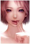  :p absurdres airspace border face finger_to_mouth hands highres lips looking_at_viewer open_mouth original pink_hair purple_eyes realistic scan short_hair simple_background smile solo tongue tongue_out upper_body white_border 