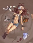  bag baseball_cap blue_eyes boots breasts brown_hair cubchoo drilbur hat highres hips jacket lying minccino navel nintendo nipple_slip nipples pidove poke_ball pokemon pokemon_(game) pokemon_black_and_white pokemon_bw ponytail pubic_hair shirt shirt_lift shorts small_breasts smile speh tepig touko_(pokemon) undressing unzipped whimsicott wide_hips 