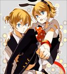  1girl amane_mio blonde_hair blue_eyes brother_and_sister holding kagamine_len kagamine_rin kemonomimi_mode looking_at_viewer open_mouth short_hair siblings skirt thighhighs twins vocaloid 
