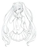  detached_sleeves hatsune_miku headphones highres lineart long_hair monochrome necktie no_legs one_eye_closed skirt sleetfalls smile solo twintails very_long_hair vocaloid 