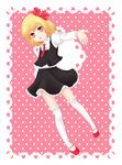  :o absurdres blonde_hair border frills hair_ribbon heart highres kutsuna_ayumu lace lips lipstick long_sleeves looking_at_viewer makeup mary_janes necktie open_hand open_mouth outstretched_arms pink_background pink_lipstick polka_dot polka_dot_background red_eyes red_neckwear ribbon rumia shirt shoes short_hair skirt solo thighhighs touhou vest 